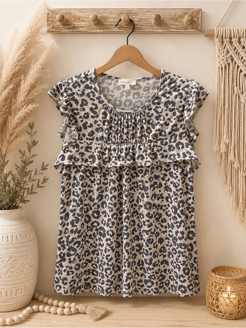 Polarn O. Pyret Beige Leopard Ruffle Short-Sleeve Blouse